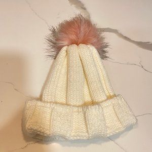 Pom Pom Decor Cuffed Beanie White Pink One Size